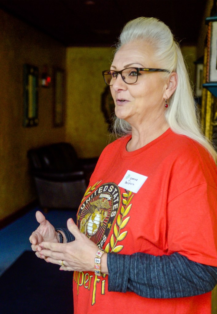 Yvonne Baldwin, of Bangor, answers questions during an interview on Saturday at Margarita's in Augusta. Baldwin served from 1982 to 1993 and achieved the rank of sergeant by the time she left the United States Marine Corps.