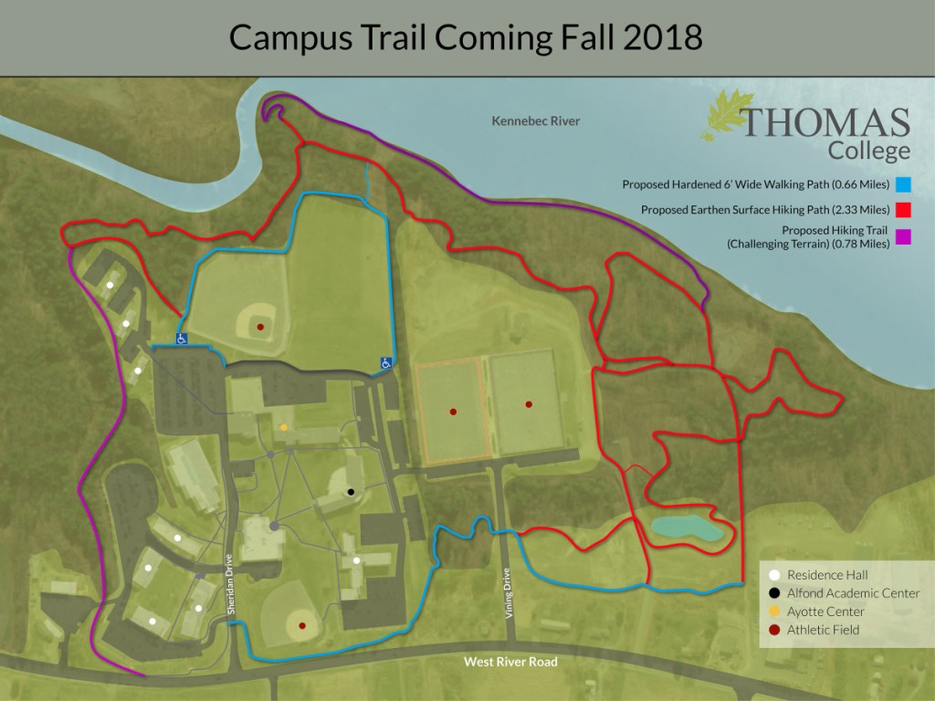 A map of the new trail system at Thomas College, now open to the public.