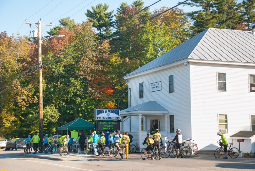 Riders gather at the Windsor town office at the start of the ride. Share The Road With Carol is a memorial bike ride in Windsor and Whitefield held to honor the memory of Jeffrey Frankel's late wife, Carol Eckert, M.D., and to promote the cause of bicycle safety.