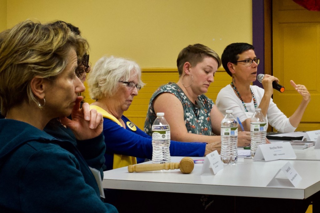 Eliza Townsend, far right, executive director of The Maine Women's Lobby, makes a point about the plight of Maine women and families who live in poverty during the "Power of Women in Politics in 2018: Voting, Running, Resisting" panel discussion at the LCDC monthly meeting Sept. 26. (From left are Shannon Carr, MD, Molly Cowan, MaryRae Means, Cait Vaughan and Townsend.