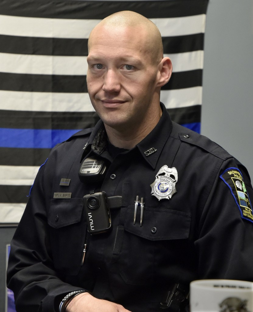 Skowhegan police Officer Alex Burns was credited on Thursday at the department in Skowhegan with having aided an elderly woman who became lost driving from New York to Machias. The woman, Carol Laughlin, sent a letter of thanks to the department recently.