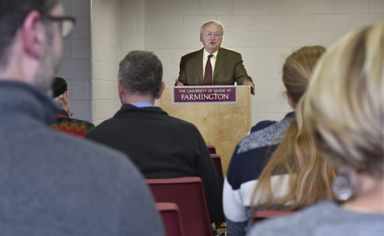 Kevin Concannon, former undersecretary of the U.S. Department of Agriculture for Food, Nutrition and Consumer Affairs, addresses a group Oct. 17 at the University of Maine in Farmington about opportunities to combat poverty in Maine.