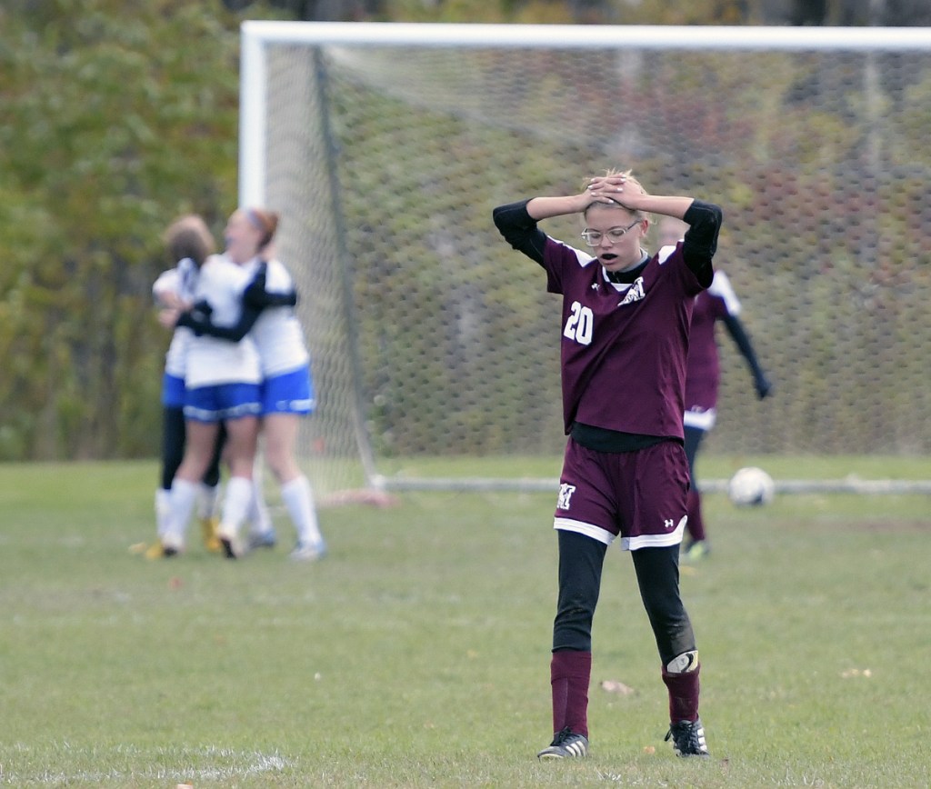 Monmouth's Abbie Crawford reacts after Sacopee Valley scored its third goal during a Class C South quarterfinal game Thursday in Monmouth.