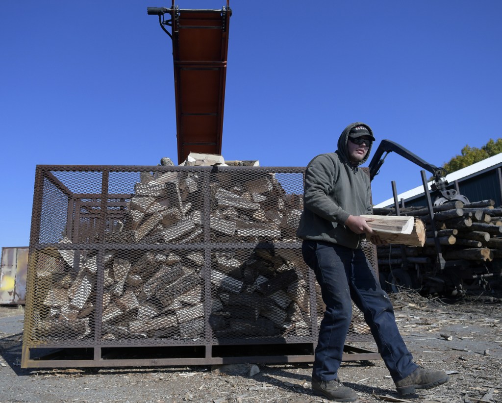 Jake Allen collects stray logs while processing wood Tuesday at A.W. Allen Firewood, the Farmingdale business he operates with his father.