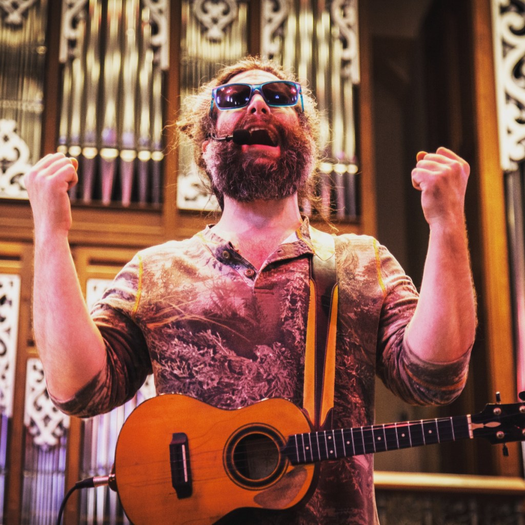 Maine native Russell Copelin, who performs under the stage name Ukulele Russ, during a recent show. He has been touring full time for 13 years and, he says, breaking ukulele stereotypes. There are no Hawaiian shirts and rainbow songs here.