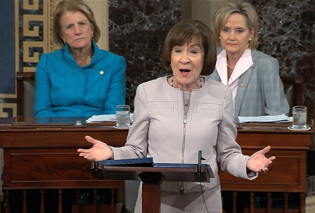 In this image from video provided by Senate TV, Sen. Susan Collins, R-Maine., speaks on the Senate floor about her vote on Supreme Court nominee Judge Brett Kananaugh on Friday in the Capitol in Washington.