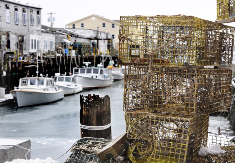 Lobster boats and traps along Custom House Wharf in Portland. The Maine Department of Marine Resources, the agency that regulates the $434 million lobster fishery, and the Maine Lobstermen's Association are questioning the science of a report from the Northeast Fisheries Science Center aimed at protecting endangered Atlantic right whales. Proposals include closing the fishery in the western Gulf of Maine south of Cape Elizabeth during April, cutting the number of seabed-to-surface lines that can entangle whales, and making lobstering a ropeless fishery by 2020. Staff file photo/ John Patriquin