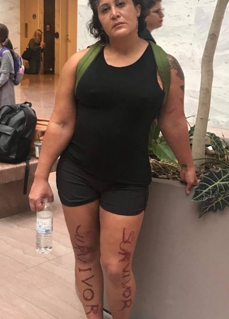 The word "Survivor" was scrawled on Tamara Kerrill Field's legs on Sept. 27, the day she met with Susan Collins at the Capitol.