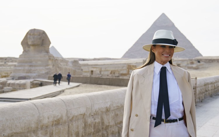 First lady Melania Trump visits the ancient statue of the Sphinx at the historic site of the pyramids in Giza, Egypt, on Saturday.