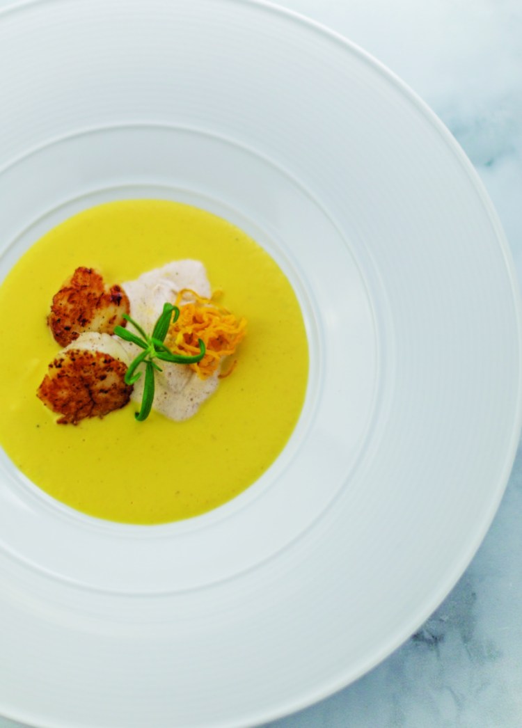 Pumpkin Soup with Seared Diver Scallops and Chinese Five-Spice Cream. 