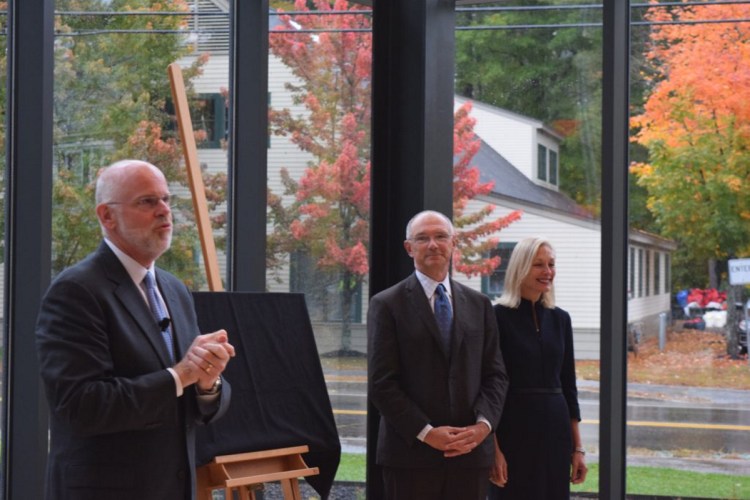 Bowdoin College President Clayton Rose introduces the Roux Center for the Environment with donors David and Barbara Roux.