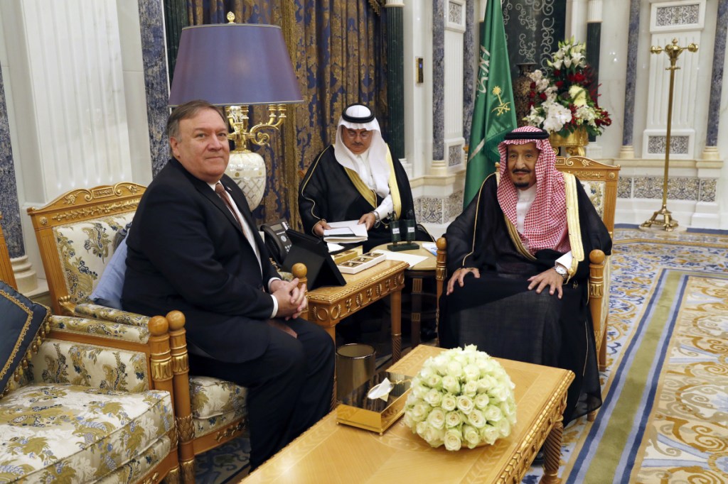 U.S. Secretary of State Mike Pompeo meets with Saudi Arabia's King Salman in Riyadh, Saudi Arabia, on Tuesday. The kingdom of Saudi Arabia has enjoyed the ultimate protected status from the United States throughout its short history. With  Pompeo hastily dispatched on a damage-limitation mission to Riyadh, behind-the-scenes efforts are in full flow to preserve the Saudi-U.S. relationship in the wake of the disappearance and alleged killing of Saudi journalist Jamal Khashoggi.
