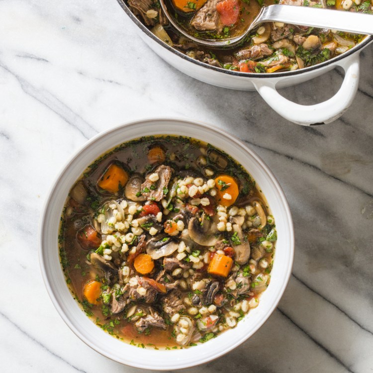 Beef Barley Soup with Mushrooms and Thyme.