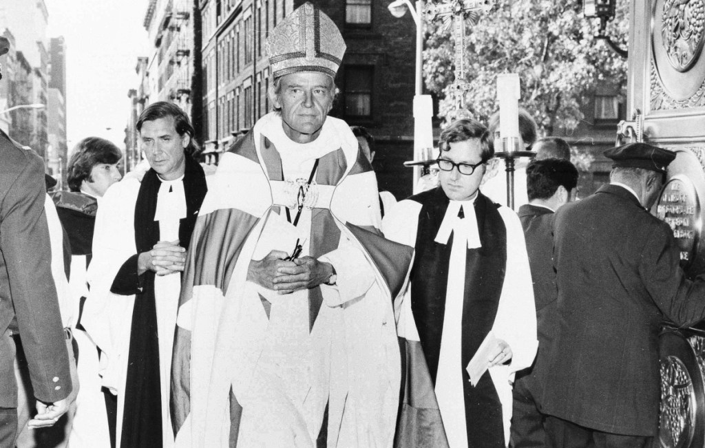 The Right Rev. Paul Moore Jr. arrives at the Cathedral of St. John the Divine in New York City on Sept. 23, 1972, to be installed as the 13th Episcopal bishop of New York.
