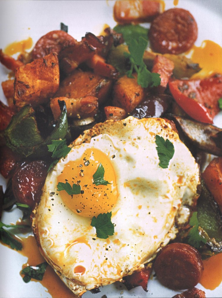 Spanish Sweet Potato with Peppers, Chorizo and Fried Egg.