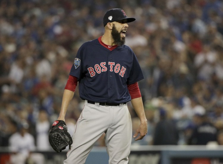 Red Sox starting pitcher David Price celebrates the end of the seventh inning of Game 5 of the World Series against the Los Angeles Dodgers on Sunday in Los Angeles.