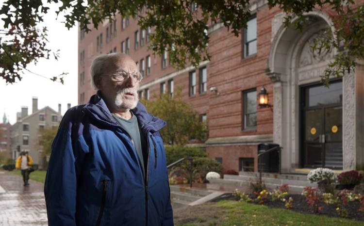 M. Curt Sachs poses for a photo outside Mercy Hospital on State Street in Portland last week. Sachs has submitted a proposal to convert Mercy Hospital into a homeless shelter and neighborhood health clinic.