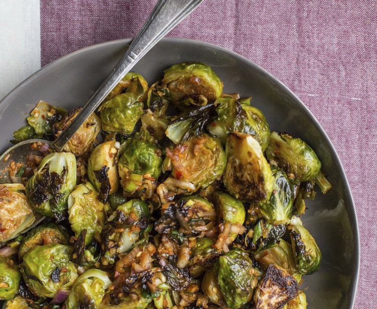 Spicy Roasted Brussels Sprouts with Kimchi Dressing.