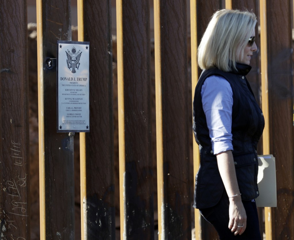 U.S. Department of Homeland Security Secretary Kirstjen Nielsen inspects a newly fortified border wall structure Friday in Calexico, Calif. 