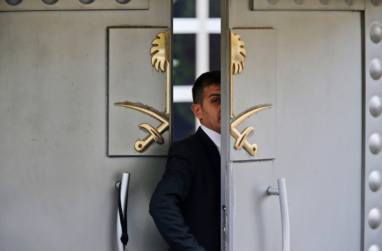 A security guard walks in the Saudi Arabia consulate in Istanbul, Turkey, on Tuesday. The Trump administration’s ongoing courtship of Saudi Arabia is on pause over allegations that the key U.S. ally is involved in the mysterious disappearance of a Saudi writer and dissident who went into his nation’s consulate in Turkey but never came out.