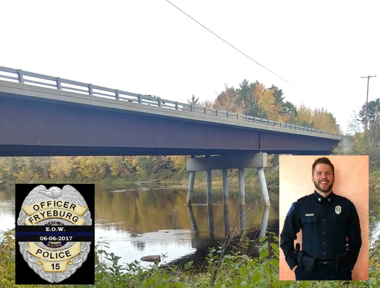 The Canal Bridge, which carries traffic over the Saco River, will be renamed the Officer Nathan Desjardins Memorial Bridge. Desjardins, shown in inset photo, died helping to execute a water rescue in 2017. (Photo courtesy of Fryeburg Police Department}