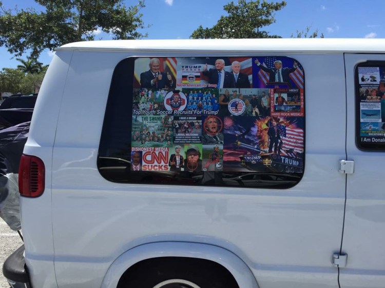 This May 2017 photo provided by Natalie B. Kline and obtained by The Washington Post shows a van parked near a shopping mall in Aventura, Florida. On Friday, federal agents and police officers examined this van in Plantation, Fla., in connection with package bombs that were sent to high-profile critics of President Trump, and arrested Cesar Sayoc. 