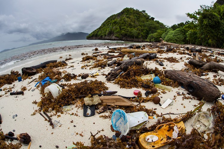Plastic garbage has washed up on a remote beach in Raja Ampat, Indonesia.