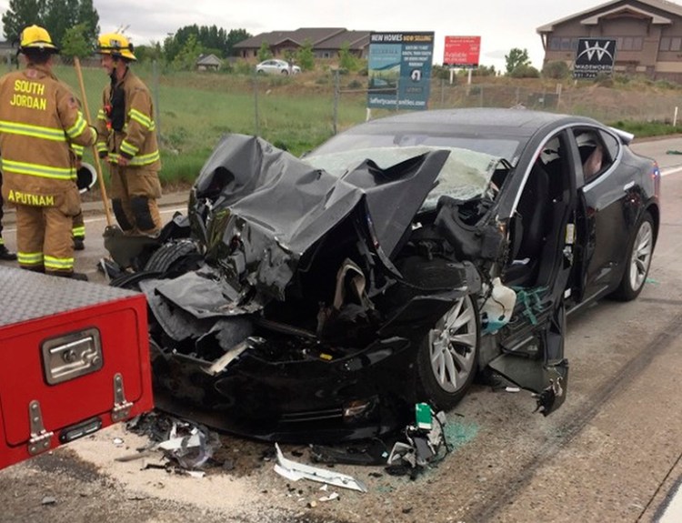 A traffic collision involved a Tesla Model S sedan and a fire department mechanic truck in South Jordan, Utah, in May.