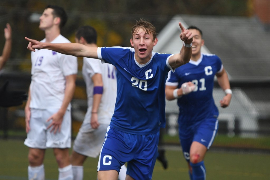 Colby's Jared Wood celebrates after the Mules scored a goal during a 3-1 victory over Amherst in a New England Small College Athletic Conference semifinal game Saturday in Amherst, Massachusetts.