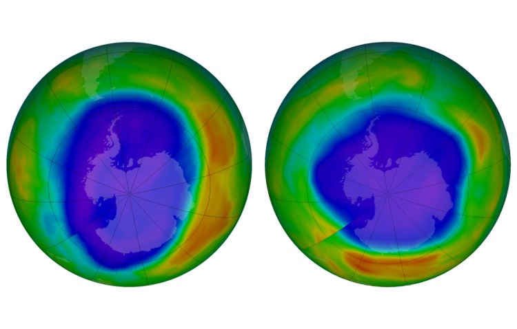 This combination of images made available by NASA shows areas of low ozone above Antarctica on September 2000, left, and September 2018. The purple and blue colors are where there is the least ozone, and the yellows and reds are where there is more ozone. A United Nations report released on Monday, Nov. 5, 2018 says Earth's protective ozone layer is finally healing after aerosol sprays and coolants ate away at it.