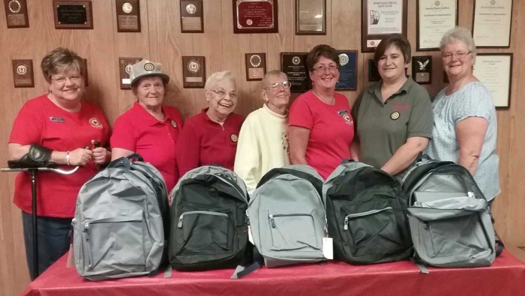 Madison American Legion Auxiliary, Unit 39, members filled school backpacks with school supplies to be distributed to four local schools in the Madison and Anson area this year. From left are Robin Turek, Shirley Emery, Betty Dow, Ann Cody, Harriet Bryant, Tena Ireland and Sharon Ziacoma, .