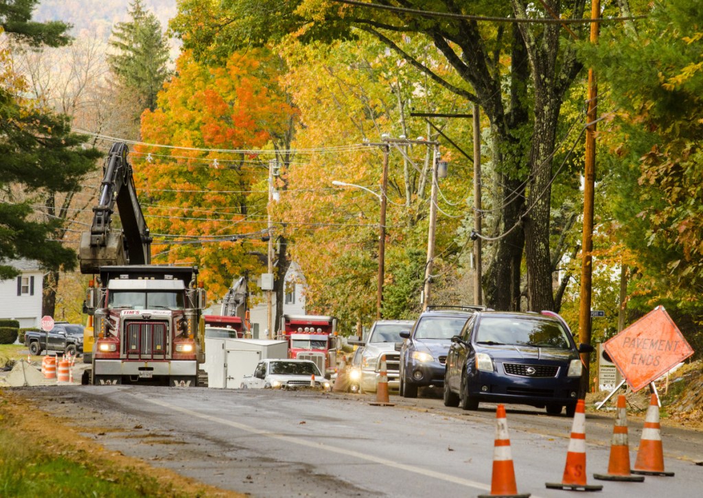 Traffic is compressed into one lane Oct. 24 around a construction zone on Route 27 near the West Road intersection in Belgrade Lakes village.
