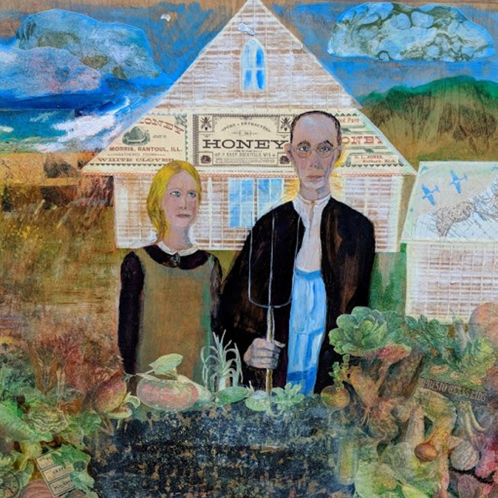 "#American Gothic," by Colette Shumate Smith, mixed media on wood panel.