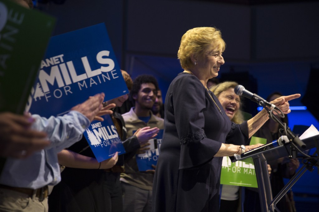 Newly elected governor Janet Mills gives her victory speech at the Maine Democrats election night party in Portland. She is the first woman elected to the office in Maine history.
