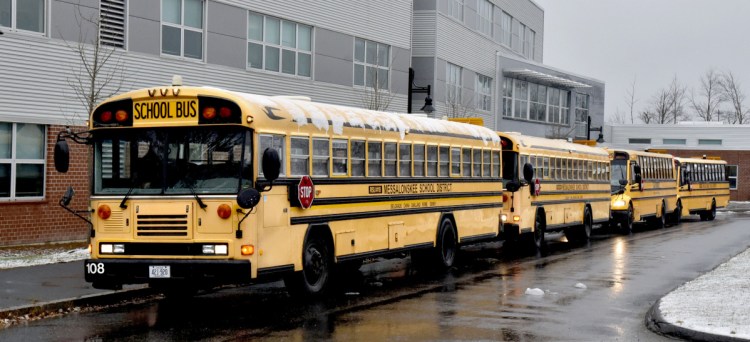 RSU 18 school buses line up for students Tuesday at Messalonskee Middle school in Oakland. A grant resulting from a Volkswagen settlement with the U.S. government will help pay for two propane-fueled buses RSU 18 plans to acquire.