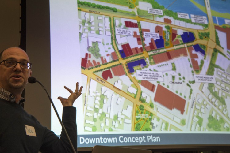 Neil Kittredge, an architect with Beyer, Binder and Belle, discusses design approaches for the new arts center and Castonguay Square during a community workshop Wednesday at the Bill and Joan Alfond Commons.