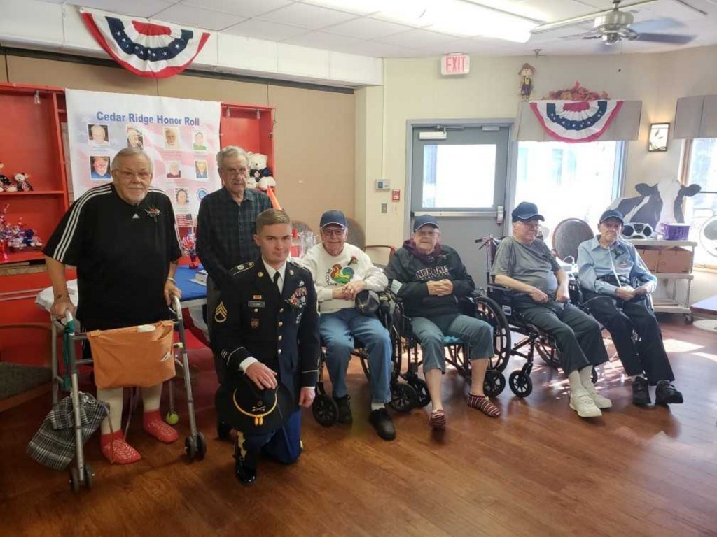 Skowhegan's Cedar Ridge Center held a Veterans Recognition Ceremony on Monday. Nov. 12. Staff Sgt. Brian Leard is kneeling in front. Back from left are veterans Freeman "Buzzy" Buzzell, Philias Johnson, William Burkhart, Frank Dore, Basil "Bud" Andrews and Robert Chadbourne.
