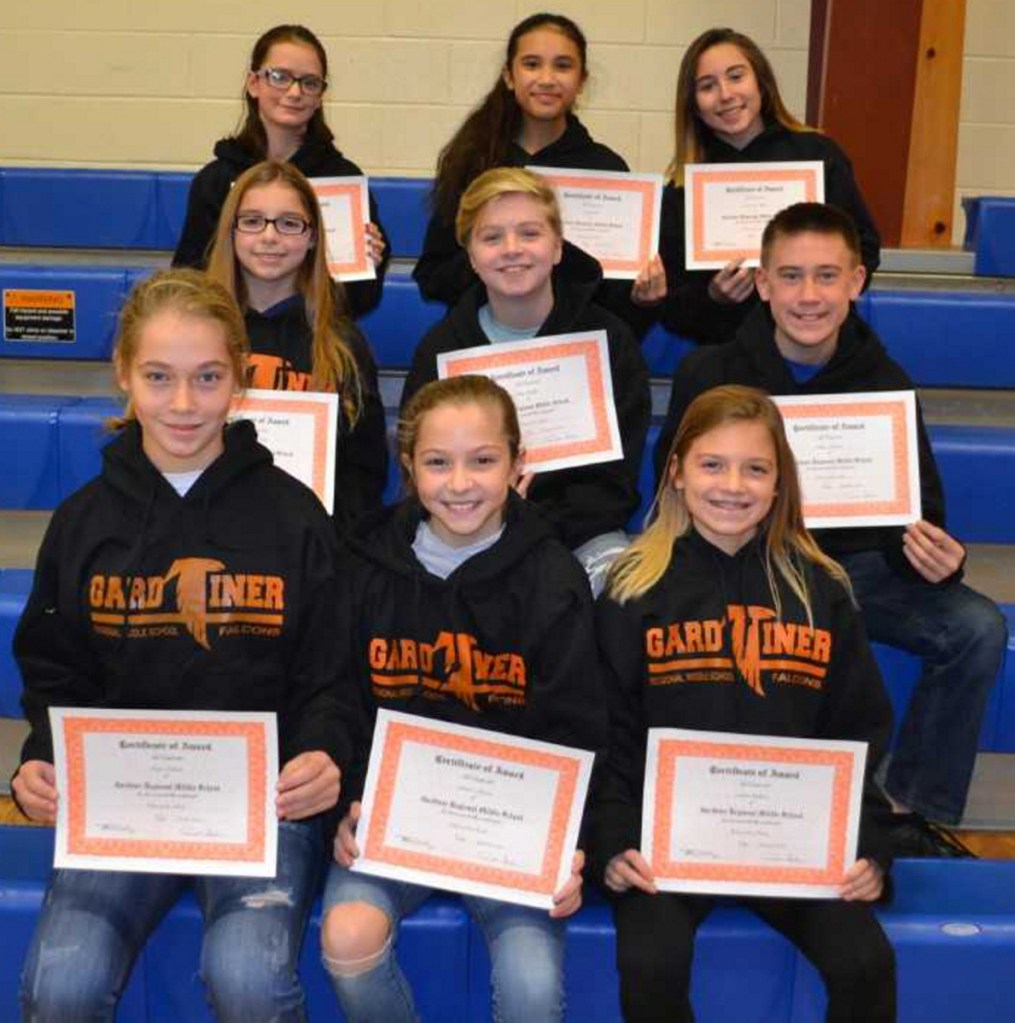 Gardiner Regional Middle School has announced its Falcons for the Month for the first quarter, September, October and November. Front from left are Taryn Nichols, Danica Martin and Sophie Guthrie; middle, from left, are Katelyn Sieberg, Clara Dudley and Ethan Tibbetts; and back, from left, are Leanne Bourgoin-Thompson, Abby Hilt and Samantha Miller.