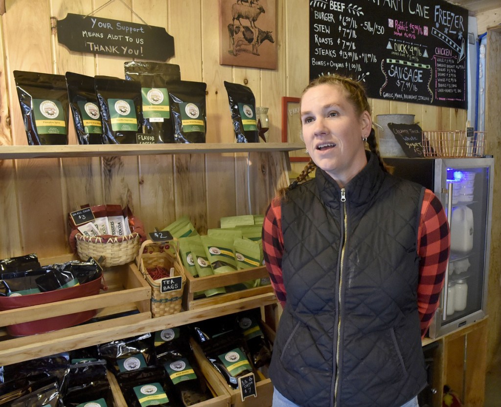 Carrie Tessier, shown Tuesday in her farm produce shop at the Tessier Farm in Skowhegan, speaks about the virtues of consuming home-raised turkeys and how to process and cook the birds.