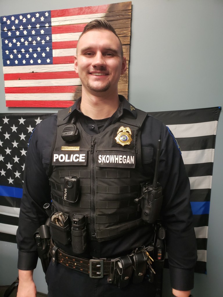 Skowhegan police Cpl. Christopher "CJ" Viera pictured wearing an external ballistic vest. Protective body armor goes inside it.