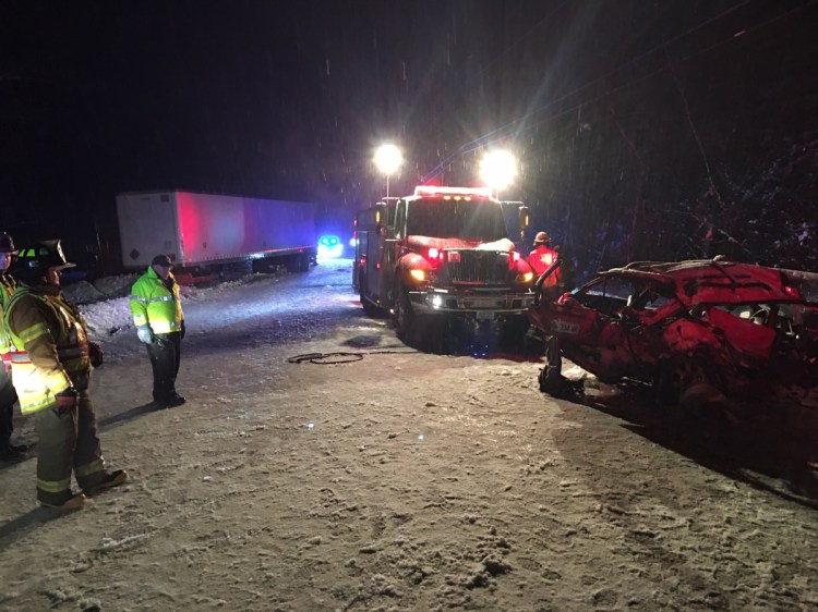 One person was killed and two others were hospitalized with serious injuries Tuesday after a Subaru Legacy and a Peterbuilt tractor trailer collided on Route 27 in Kingfield.