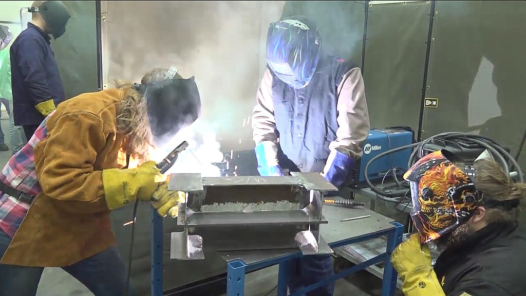 Students take welding class as part of SMCC's Manufacturing Technician Training Course. Participants who successfully complete the training will be interviewed for positions at BIW.