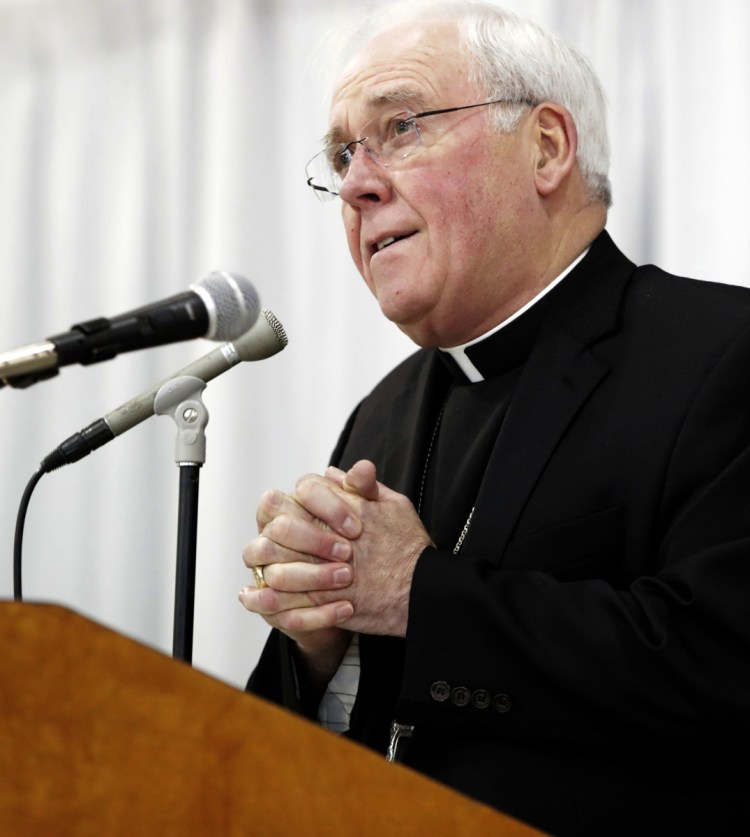Richard Malone, bishop of the Catholic diocese in Buffalo, N.Y., defended his handling of two priests whose conduct in Maine was questioned.