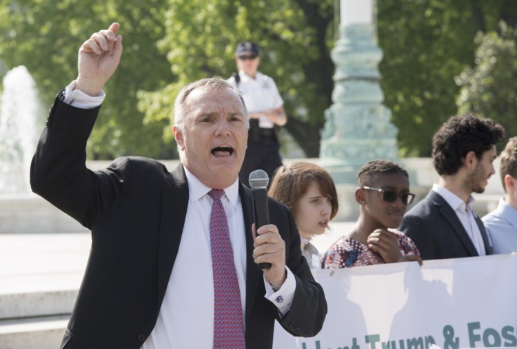 Philip Gregory speaks during an Our Children's Trust rally on the sidewalk in front of the U.S. Supreme Court in Washington in April 2017.