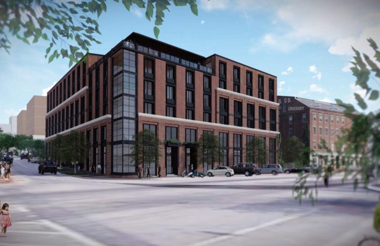 A rendering depicts the six-story, 135-room boutique hotel proposed for the Portland waterfront at the corner of Center and Commercial streets.