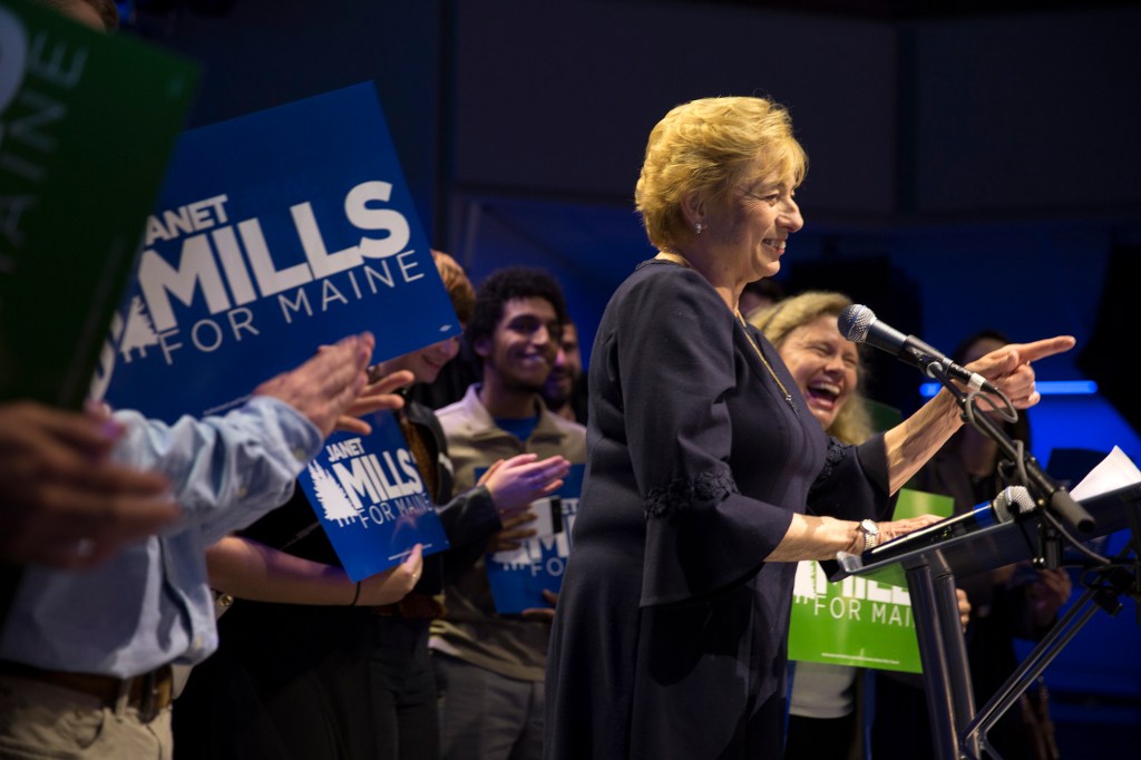Newly elected governor of Maine Janet Mills gives her victory speech at the Maine Democrats election night party for Mills and Rep. Chellie Pingree at Aura in Portland on Tuesday, November 6, 2018. 