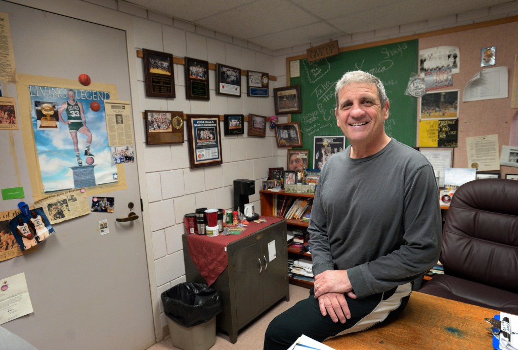 Portland High School basketball coach Joe Russo in his office. Russo was diagnosed with cancer earlier this year and has been undergoing treatments. 