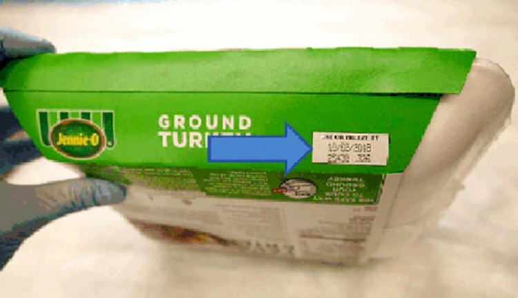 This image provided by Hormel Foods Corporation shows the production code information on the side of the sleeve of Jennie-O-Turkey that is being recalled. The products being recalled include 1-pound packages of raw, ground turkey and were shipped to retailers nationwide. Regulators say the product should be thrown away and not eaten.  