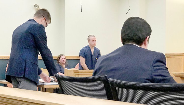 Anthony Waack, center, is in 8th District Court in Lewiston Monday on charges related to a stolen vehicle and other items. At left is defense attorney Jason Ranger and, at right, Assistant District Attorney Nathan Walsh. 