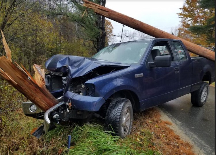 Ashlyn Williams, 17, of Livermore Falls was uninjured Friday morning when she lost control of a pickup truck she was driving west on the wet Claybrook Road in Jay.